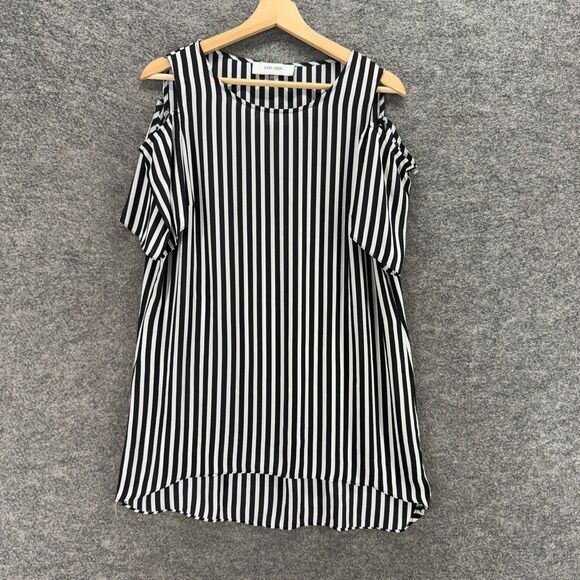 Jones Studio Dress Women M Medium Black Striped Shift Short Cold Shoulder Casual - Picture 1 of 6